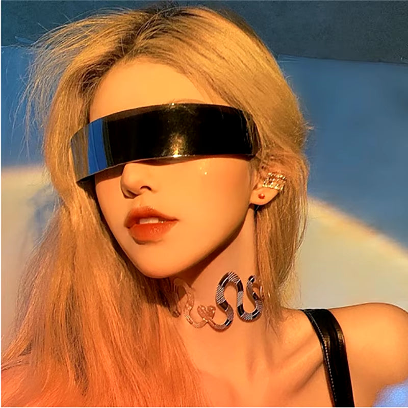 Cyberpunk Goggles Futuristic Party Glasses One Piece Wrap around Silver Mirror Sunglasses Women Men Sunnies Shades Sun Glasses