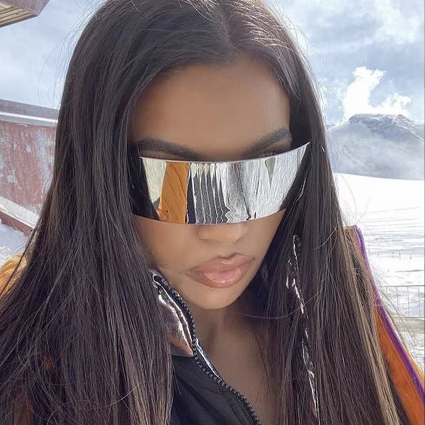 Cyberpunk Goggles Futuristic Party Glasses One Piece Wrap around Silver Mirror Sunglasses Women Men Sunnies Shades Sun Glasses