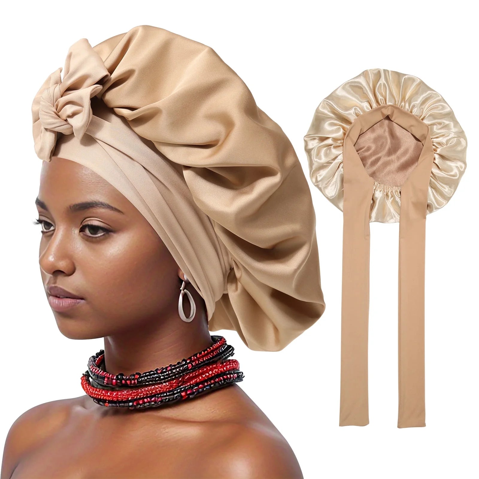 Satin Bonnet Silk Bonnet for Sleeping Silk Sleep Cap Double Layer Hair Bonnet with Elastic Tie Band